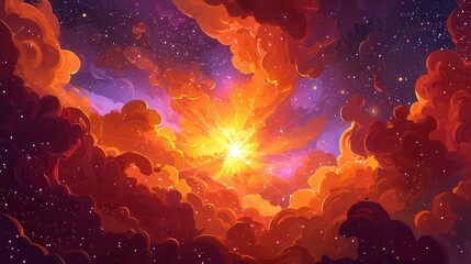 Poster - Vibrant explosion of colors in a cosmic setting with swirling clouds and stars.