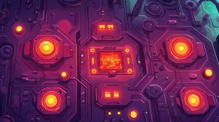 Poster - A vibrant abstract illustration of interconnected technology components with glowing orange lights.