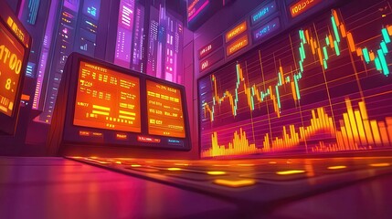 Poster - Futuristic data visualization in a neon-lit trading room with graphs and screens.
