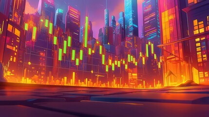 Poster - A vibrant futuristic cityscape with glowing skyscrapers and a colorful stock market chart, showcasing urban life and technology.