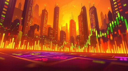 Aufkleber - A vibrant sunset skyline showcasing futuristic skyscrapers and financial graphs in a stylized, animated cityscape.