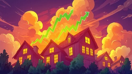 Poster - Colorful houses against a sunset with upward trending graph, symbolizing growth.