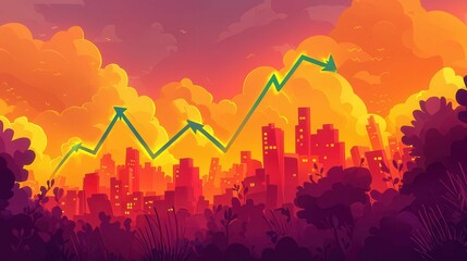 Poster - A vibrant sunset over a city skyline with rising stock trend arrows.