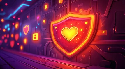 Poster - Colorful heart-shaped shield in a digital environment, representing love and security.