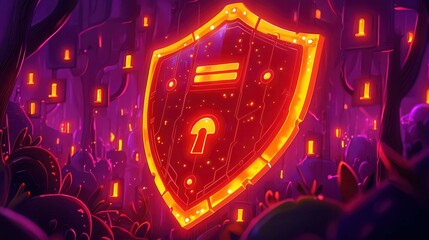 Poster - A vibrant animated shield symbolizing security and protection in a mystical forest setting.
