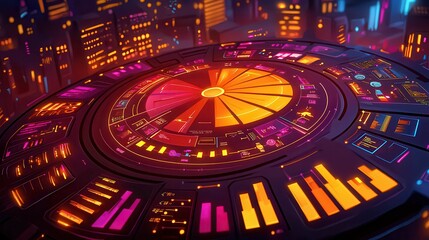 Poster - Futuristic control panel with vibrant neon colors and digital graphs in a sci-fi cityscape.