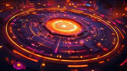 Poster - A vibrant, futuristic interface design featuring glowing orange and purple elements in a circular pattern.