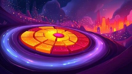 Poster - Colorful abstract landscape with glowing geometric patterns and a vibrant sunset background.