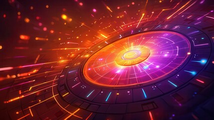 Poster - Abstract colorful illustration with glowing elements and bright circular patterns in a vibrant space.