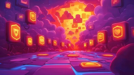 Poster - A vibrant digital landscape featuring glowing icons and a surreal sunset background.