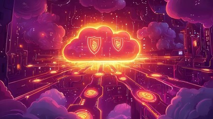 Poster - A vibrant digital cloud with glowing shields amid a futuristic cityscape, emphasizing cybersecurity and technology.