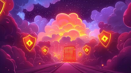 Poster - A vibrant digital artwork depicting a glowing city skyline surrounded by colorful clouds and shields in a surreal, animated style.