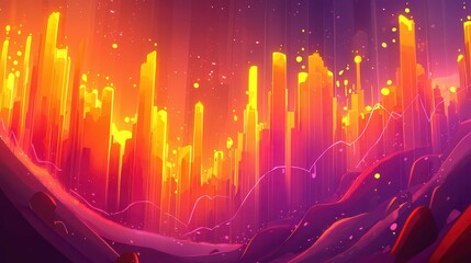 Poster - A vibrant animated landscape featuring tall, glowing structures under a colorful sky.