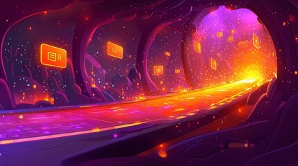 Poster - A vibrant digital pathway leading into a glowing cave with floating icons, showcasing a blend of technology and imagination.