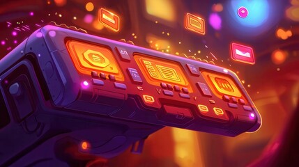 Poster - Futuristic device displaying vibrant icons and information in a colorful digital environment.