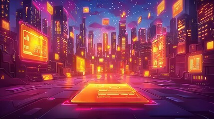 Poster - Futuristic cityscape at night featuring glowing screens and skyscrapers.