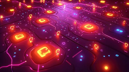 Poster - A vibrant digital landscape featuring neon circuit patterns and glowing icons, showcasing technology and modern design.