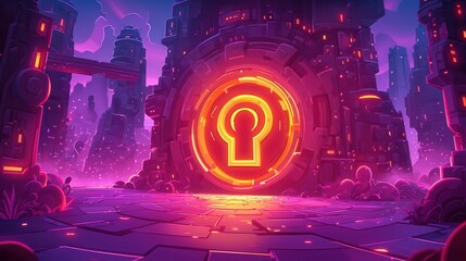Poster - A vibrant digital landscape featuring a glowing lock symbol in a futuristic environment.