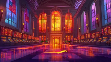 Poster - A vibrant stock exchange interior featuring warm orange light, reflecting a dynamic atmosphere.