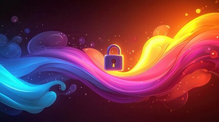 Poster - A vibrant abstract illustration featuring flowing colorful waves and a lock symbol, representing security and creativity.