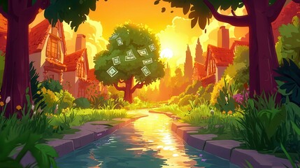 Poster - A picturesque landscape showcasing a charming river, lush greenery, and money floating from a tree under a vibrant sunset.