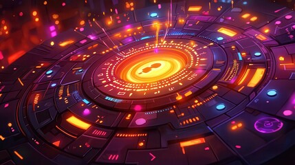 Poster - A vibrant digital background with circular patterns and glowing elements in a futuristic design.