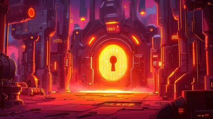 Poster - A vibrant digital illustration of a futuristic keyhole surrounded by technology and machinery.