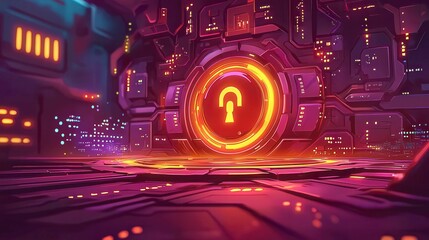 Poster - Futuristic digital lock in a neon-lit cyberpunk environment.