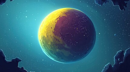 Poster - A vibrant animated depiction of a planet bathed in cosmic light, showcasing shades of yellow and purple.
