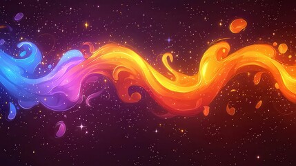 Poster - Colorful flowing waves in a cosmic background with vibrant hues of blue, purple, and orange.