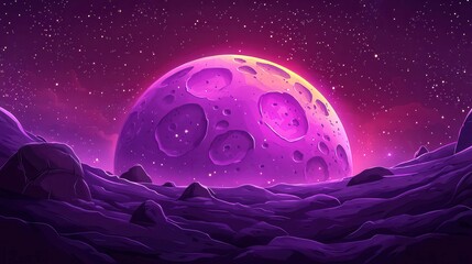 Poster - A cartoon depiction of a vibrant purple moon surrounded by stars in a colorful night sky.