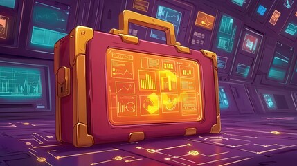 Poster - A cartoon-style briefcase with data visualizations glowing inside, set in a high-tech environment.