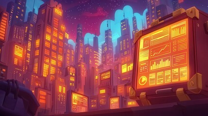 Poster - A vibrant animated cityscape at night with glowing skyscrapers and digital displays.