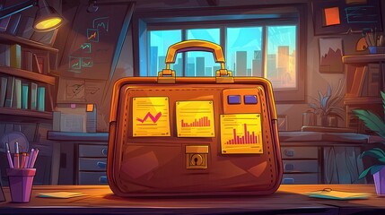 Poster - A detailed illustration of a briefcase with financial charts inside a cozy office space.