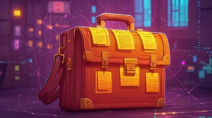 Poster - A vibrant cartoon-style briefcase set against a colorful urban background, symbolizing business and travel.