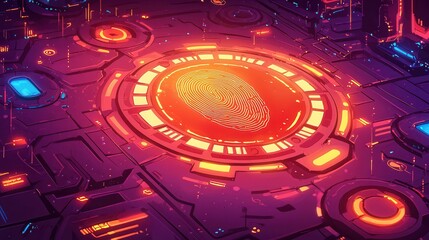 Poster - A vibrant digital fingerprint against a futuristic tech backdrop, showcasing cybernetic designs and glowing elements.