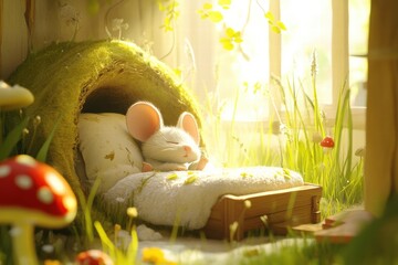 Poster - Sleepy mouse resting in a cozy bed inside a grassy nook during a warm sunny afternoon. Generative AI
