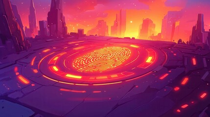 Poster - A vibrant sunset over a futuristic landscape with glowing patterns and tall abstract structures.