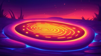 Poster - A vibrant, glowing circular pattern set against a vivid sunset background, showcasing intricate design in a surreal landscape.