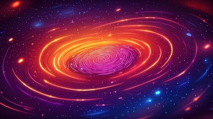 Poster - A vibrant, swirling galaxy in a cosmic setting, depicted in bright orange and purple colors with stars scattered in the background.