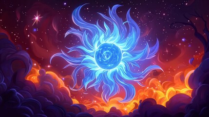Poster - A vibrant, cosmic energy swirl in shades of blue and orange set against a starry background, creating a mystical atmosphere.