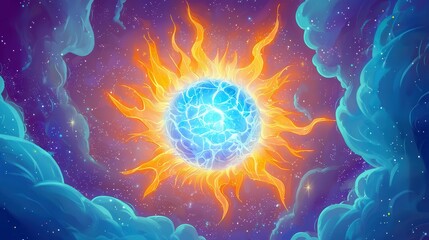 Poster - A vibrant celestial sun surrounded by colorful clouds in a cosmic setting.