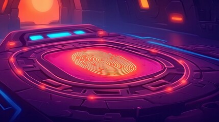Poster - A vibrant futuristic platform with a glowing fingerprint design in an animated sci-fi setting.