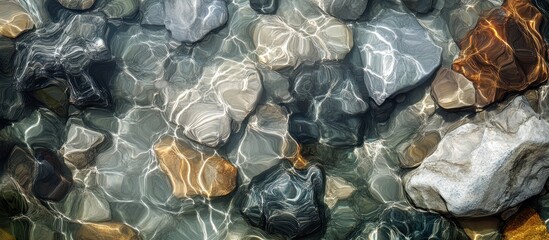 Sticker - Smooth river rocks underwater, sunlight reflecting on the surface of clear water.