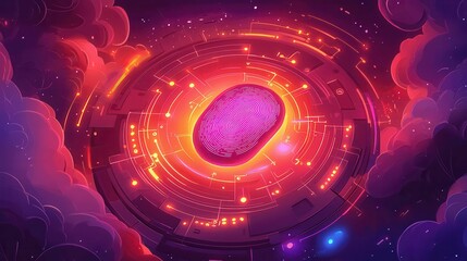 Poster - A vibrant digital fingerprint surrounded by abstract glowing patterns in a cosmic environment.