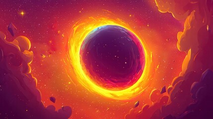 Poster - Vibrant illustration of a cosmic black hole surrounded by colorful flames and clouds in a captivating galaxy scene.