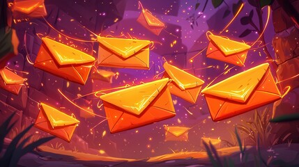 Poster - A vibrant illustration of glowing orange envelopes floating through a mystical environment.