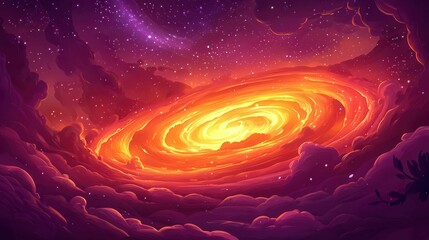 Poster - A vibrant digital depiction of a swirling galaxy with bright orange and purple hues against a starry sky.