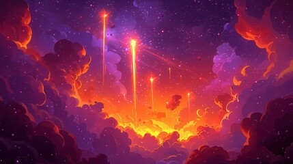 Poster - A vibrant cosmic scene depicting colorful clouds and luminous beams in a starry sky.