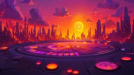 Poster - A vibrant futuristic cityscape at sunset, showcasing a glowing skyline with advanced technology and rich colors in the background.